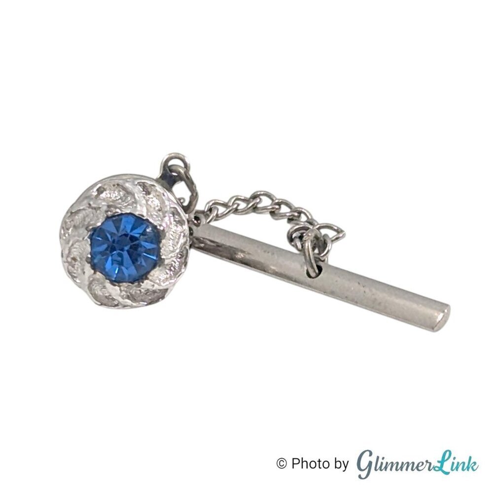 Vintage Swank Silver Tone Tie Pin Tack Blue Rhinestone Mid Century